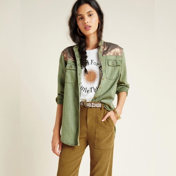 Anthropologie Tops - ANTHROPOLOGIE Sequined Cargo Shirt 2 Green Utility